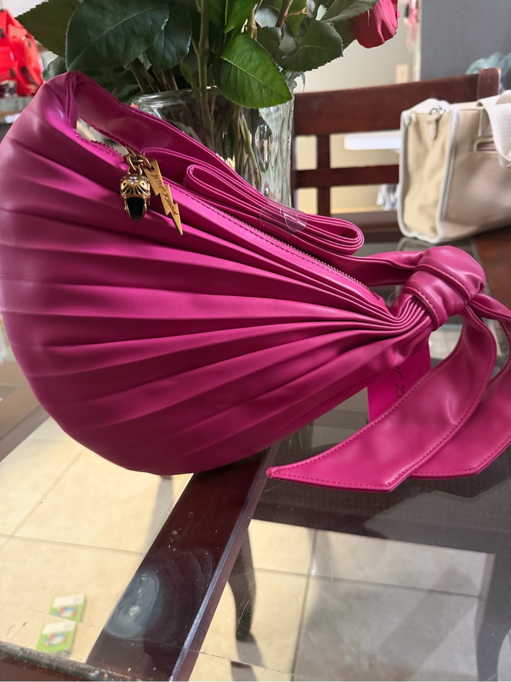Betsey Johnson Women’s Pleated Knot Shoulder Bag in Hot Pink